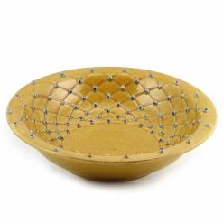 Artistica - Deruta Of Italy Dolfi Caramel Blue Dots: Round Bowl Centerpiece Caramel With Blue Dots Dining & Tabletop