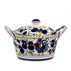 Artistica - Deruta Of Italy Orvieto Blue Rooster: Covered Parmesan Cheese Bowl With Spoon Dinnerware & Flatware