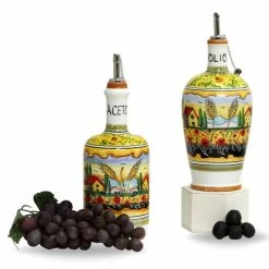 Artistica - Deruta Of Italy Colli Umbri: Umbrian Landscape Olive Oil + Aceto (Vinegar) Bottles With Metal Capped Dispenser. Tools & Accessories