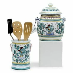 Artistica - Deruta Of Italy Orvieto Green Rooster: Bundle With Utensil Holder + Biscotti Jar Kitchen