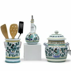 Artistica - Deruta Of Italy Orvieto Green Rooster: Bundle With Utensil Holder + Olive Oil Dispenser + Biscotti Jar Dining & Tabletop