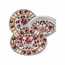 Artistica - Deruta Of Italy Orvieto Red Rooster: Serving Set Charger, Salad Pasta Bowl & Oval Platter Drinkware