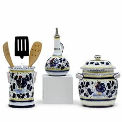 Artistica - Deruta Of Italy Orvieto Blue Rooster: Bundle With Utensil Holder + Olive Oil Dispenser + Biscotti Jar Dining & Tabletop