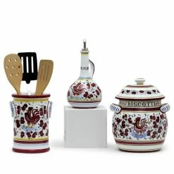 Artistica - Deruta Of Italy Orvieto Red Rooster: Bundle With Utensil Holder + Olive Oil Dispenser + Biscotti Jar Tools & Accessories