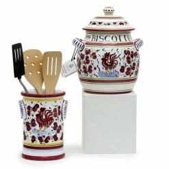Artistica - Deruta Of Italy Orvieto Red Rooster: Bundle With Utensil Holder + Biscotti Jar Dining & Tabletop