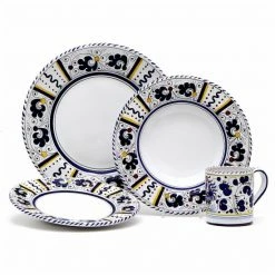 Artistica - Deruta Of Italy Orvieto Blue Rooster: 4 Pieces Place Setting - White Center Dinnerware & Flatware