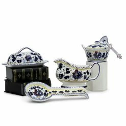 Artistica - Deruta Of Italy ORVIETO BLUE ROOSTER: Bundle With Butter Dish + Sauce Boat + Parmesan Bowl + Spoon Rest Kitchen