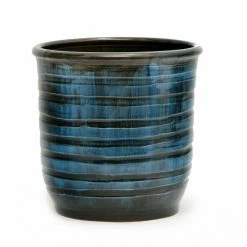 Artistica - Deruta Of Italy Scavo Giardini Garden: Modern-Rustic 'rigato' Cachepot/planter Translucent Plants & Planters Dark Blue